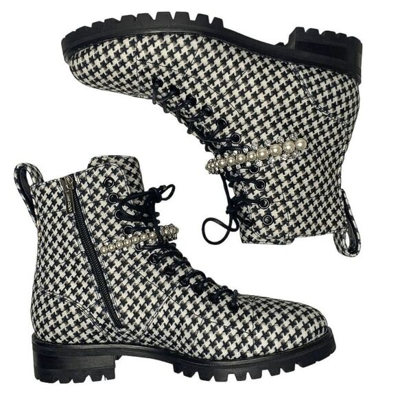 Jimmy Choo Cruz Black White Houndstooth Embellished Combat Lace-Up Boots EU 37 - Picture 6 of 10